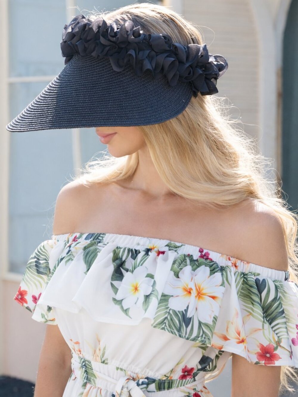 Black Wide Brim Straw Sun Visor Ruffle Trim Beach Hat NWT